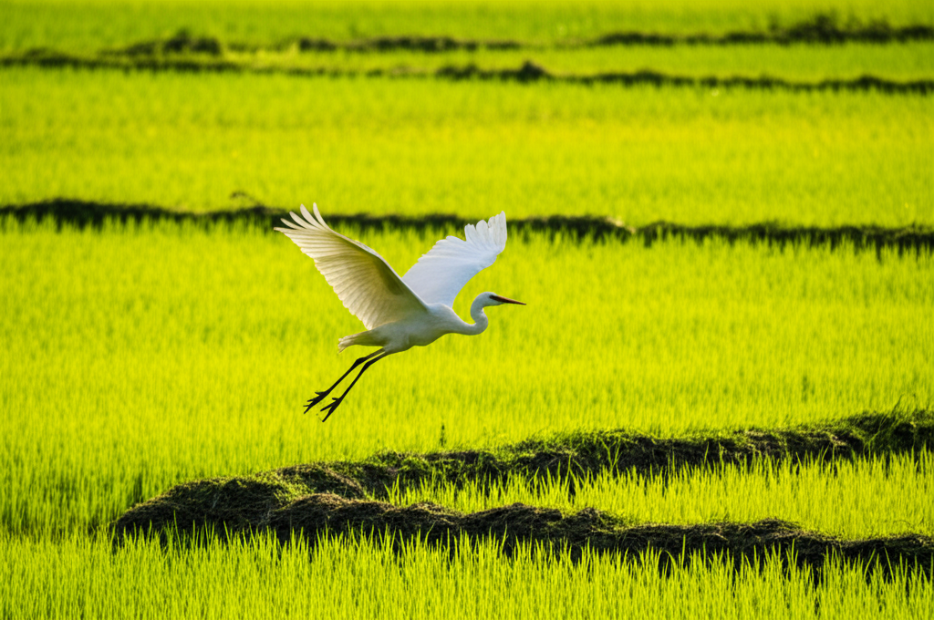 Contoh Prompt Gambar AI Burung Bangau Terbang di Atas Sawah Contoh Prompt Gambar AI Burung Bangau Terbang di Atas Sawah