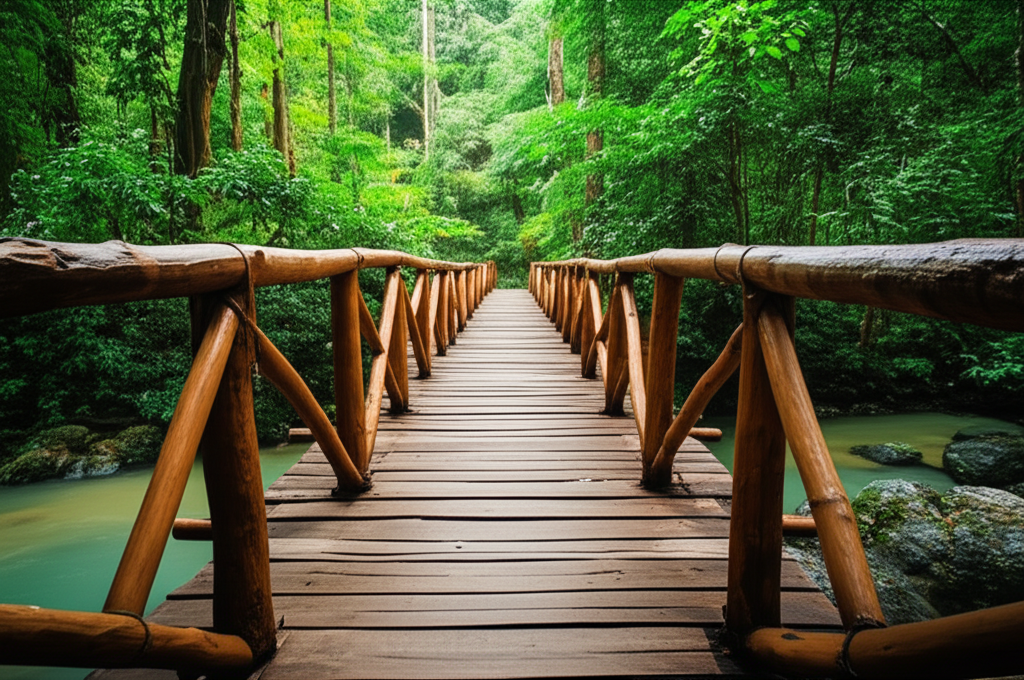 Contoh Prompt Gambar AI Jembatan Kayu di Tengah Hutan Contoh Prompt Gambar AI Jembatan Kayu di Tengah Hutan