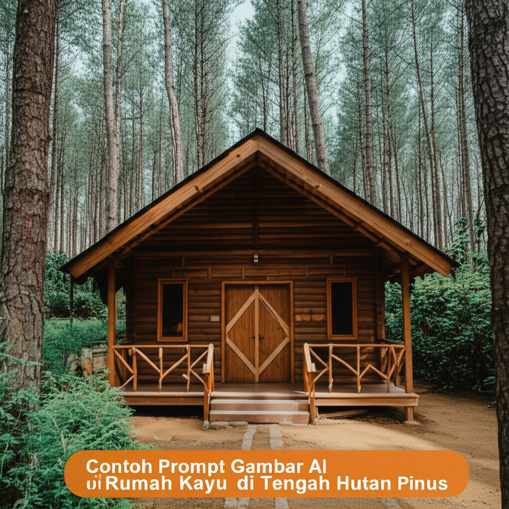 Contoh Prompt Gambar AI Rumah Kayu di Tengah Hutan Pinus Contoh Prompt Gambar AI Rumah Kayu di Tengah Hutan Pinus